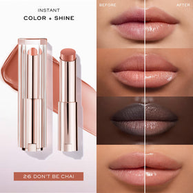 Swatches of Lancôme Lip Idôle Butterglow shades on lips show buildable color.