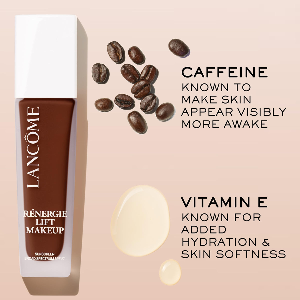 Lancôme Renergie Lift foundation wear test on skin demonstrates long-lasting non-caking finish.