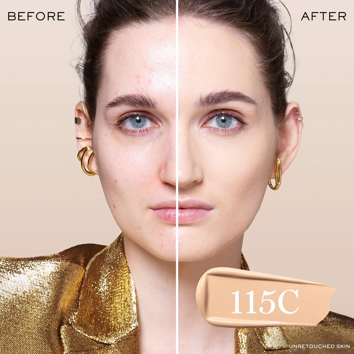 Lancôme Teint Idole 115C swatch reveals fair cool undertones for shade precision.