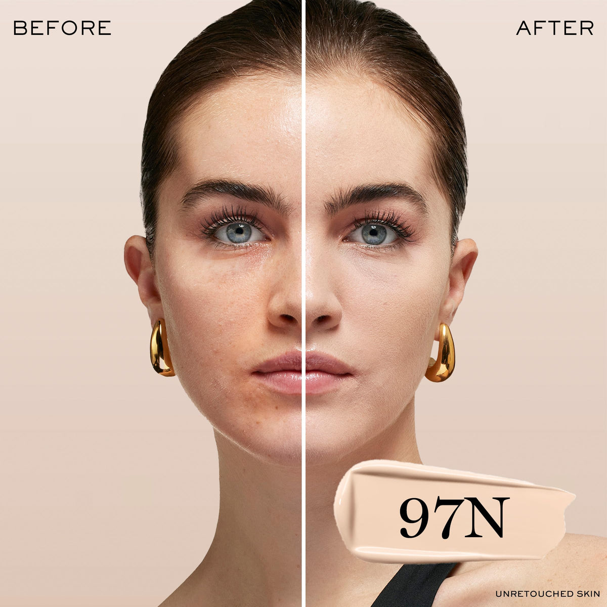 Lancôme Teint Idole Ultra Wear swatches show shade 097N for fair skin with peach undertones.