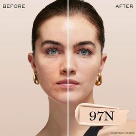 Lancôme Teint Idole Ultra Wear swatches show shade 097N for fair skin with peach undertones.