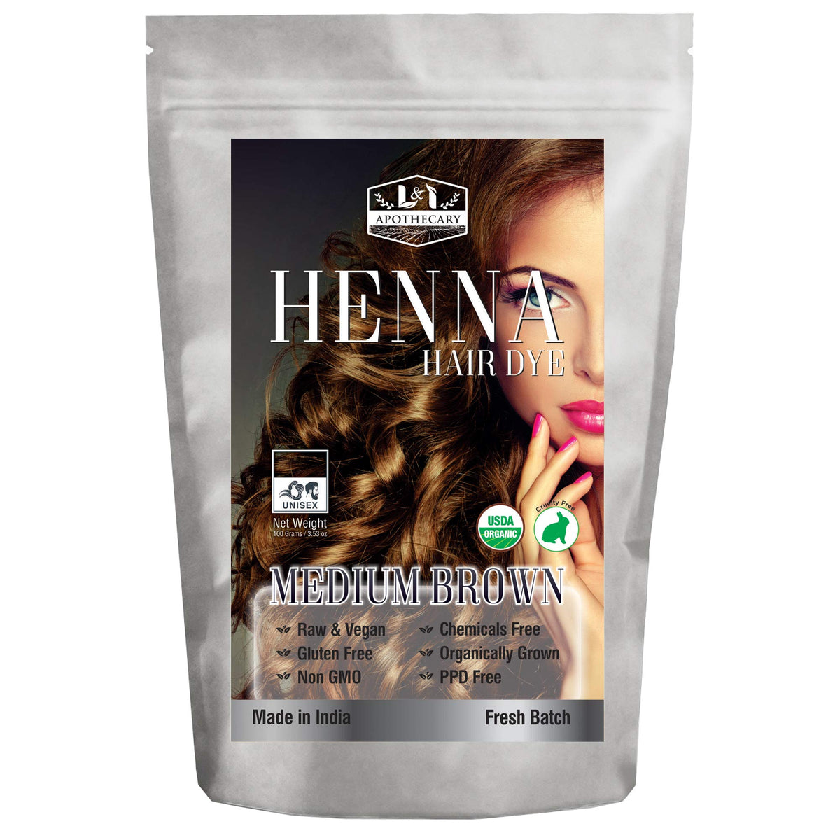 L&amp;I Apothecary Organic Henna Hair Dye medium brown for natural color application