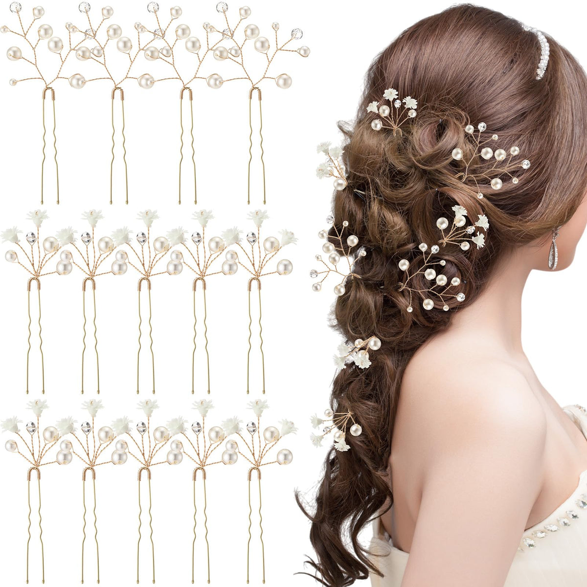 Landical Baby's Breath Hair Pin Set with white florals for an elegant wedding updo