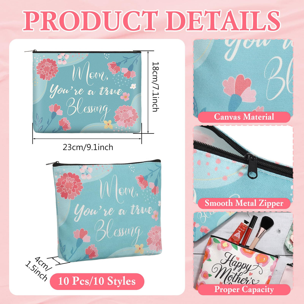 Landical Mother's Day makeup bag with reinforced bottom keeps contents upright.