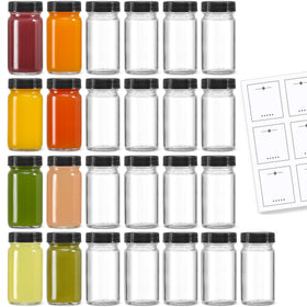 LANDNEOO 25-pack 2oz glass shot bottles with black lids for travel and prep.