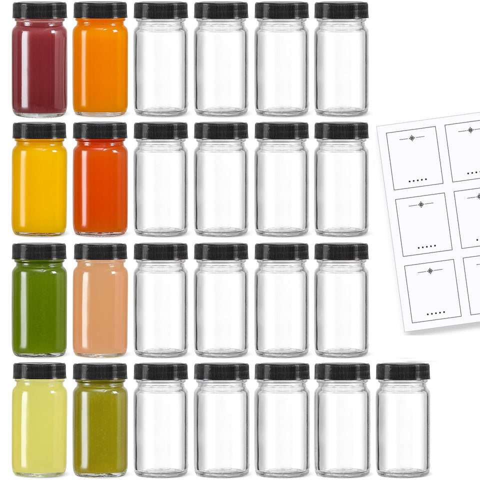 LANDNEOO 25-pack 2oz glass shot bottles with black lids for travel and prep.