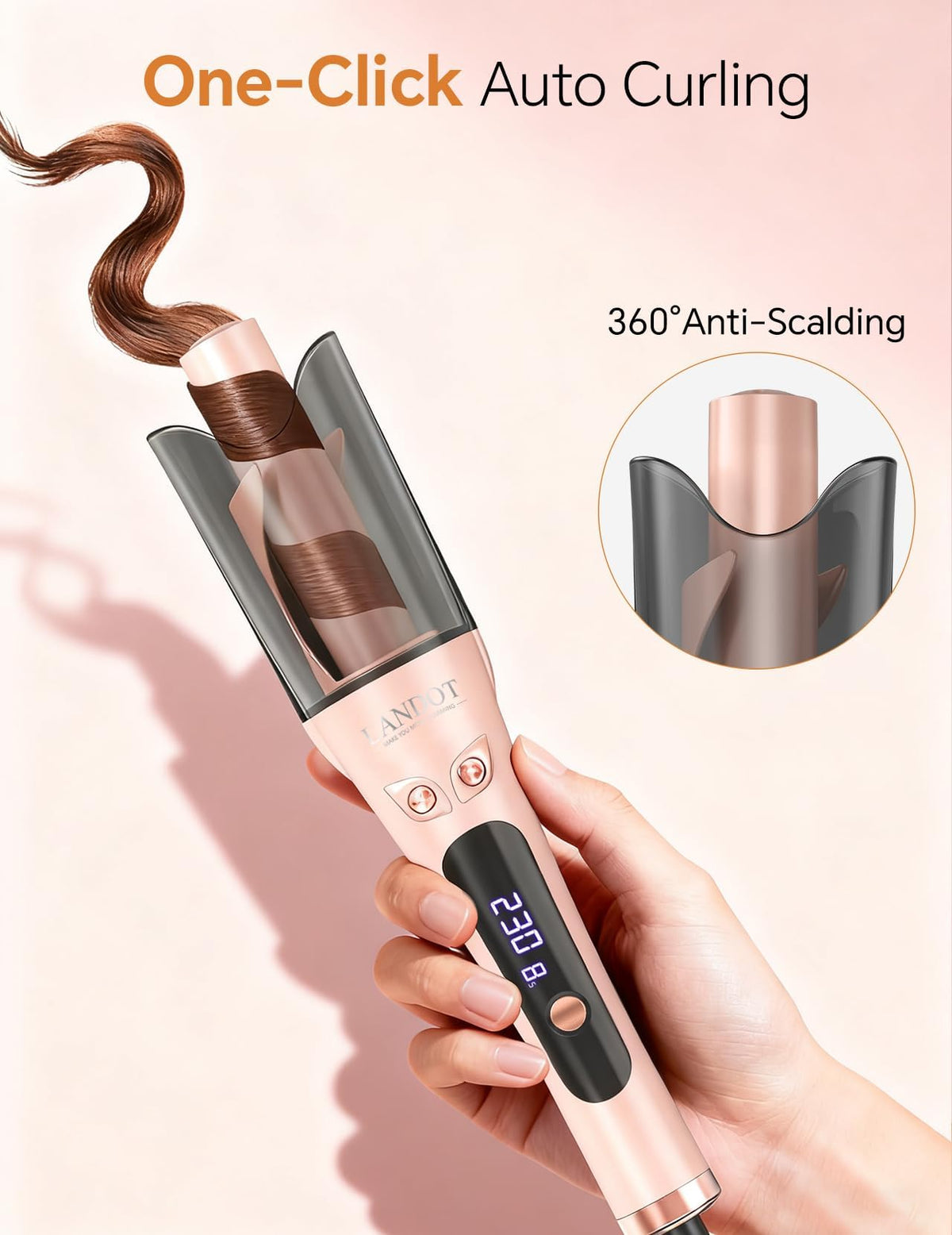 LANDOT ceramic tourmaline coating curling iron close up for smooth hair