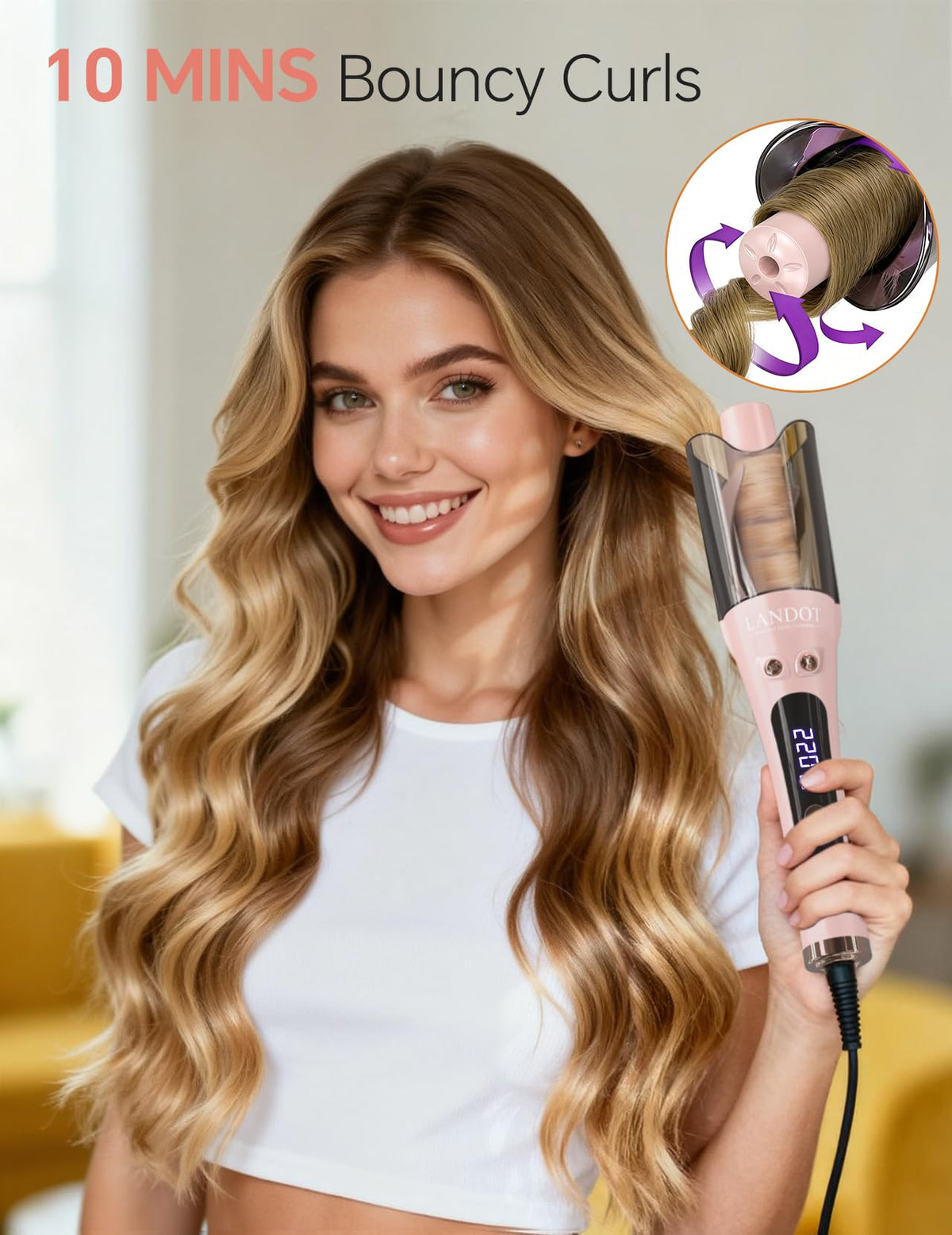 LANDOT dual voltage travel curling iron works worldwide for on-the-go styling.
