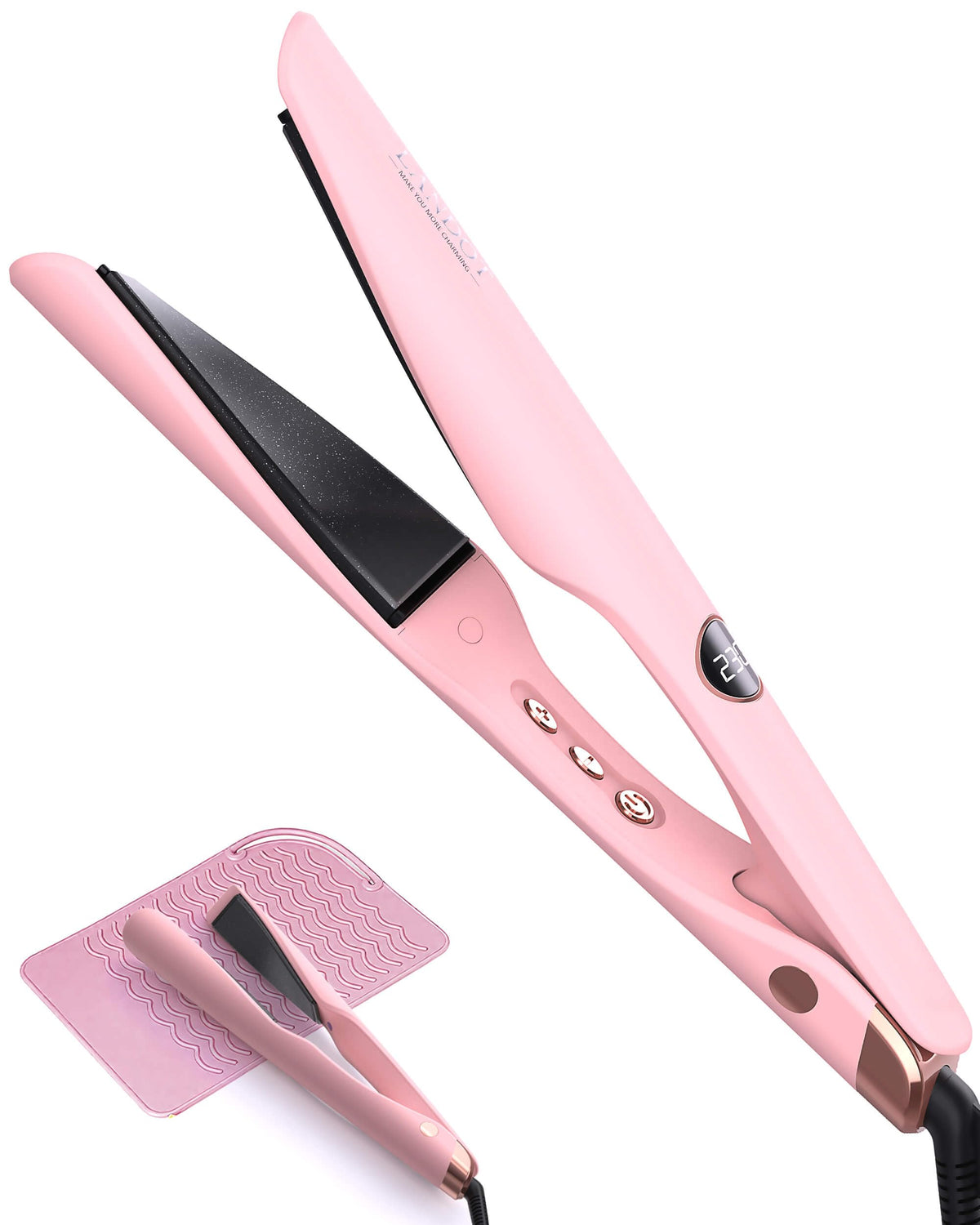 LANDOT flat iron straightening in blush pink for quick home smoothing.