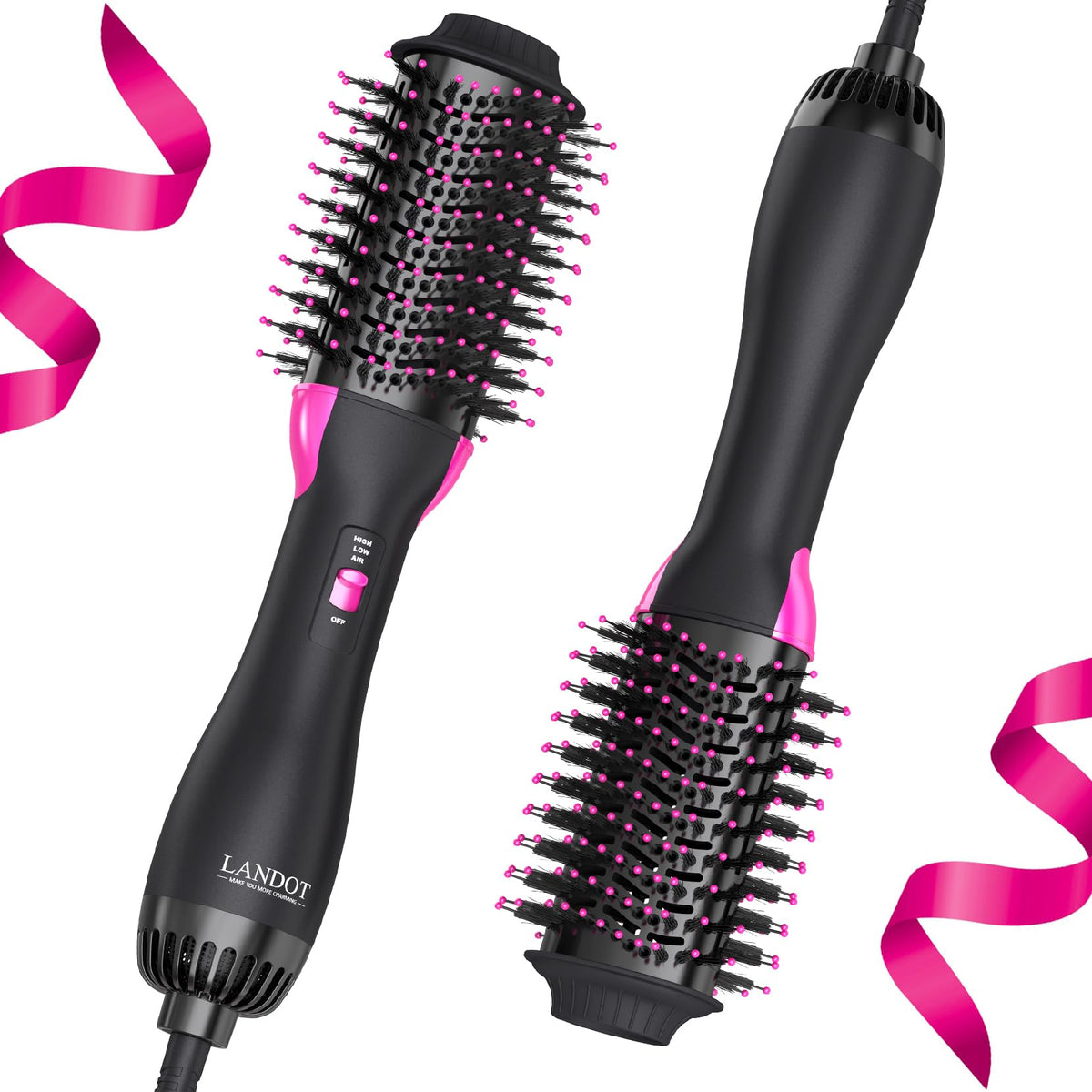 LANDOT hair blow dryer brush with oval barrel for instant volume and salon-like lift.