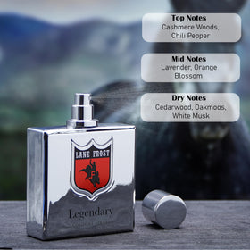 Lane Frost Legendary Cologne bottle closeup highlights cashmere woods and chili pepper top notes for a first impression.