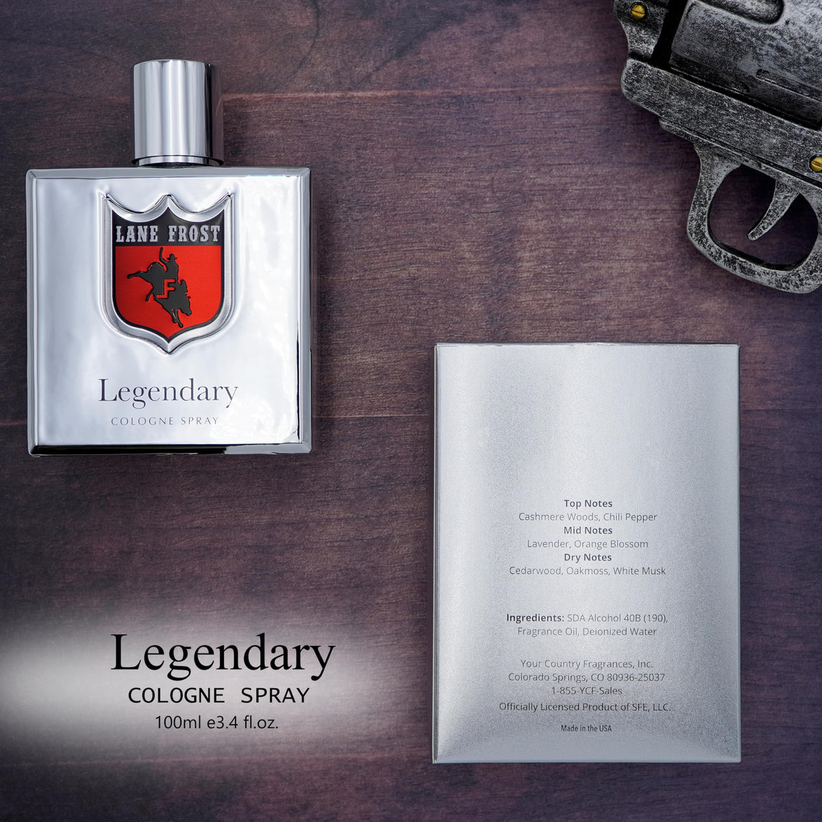 Lane Frost Legendary Cologne packaging box demonstrates USA-made heritage and premium presentation.