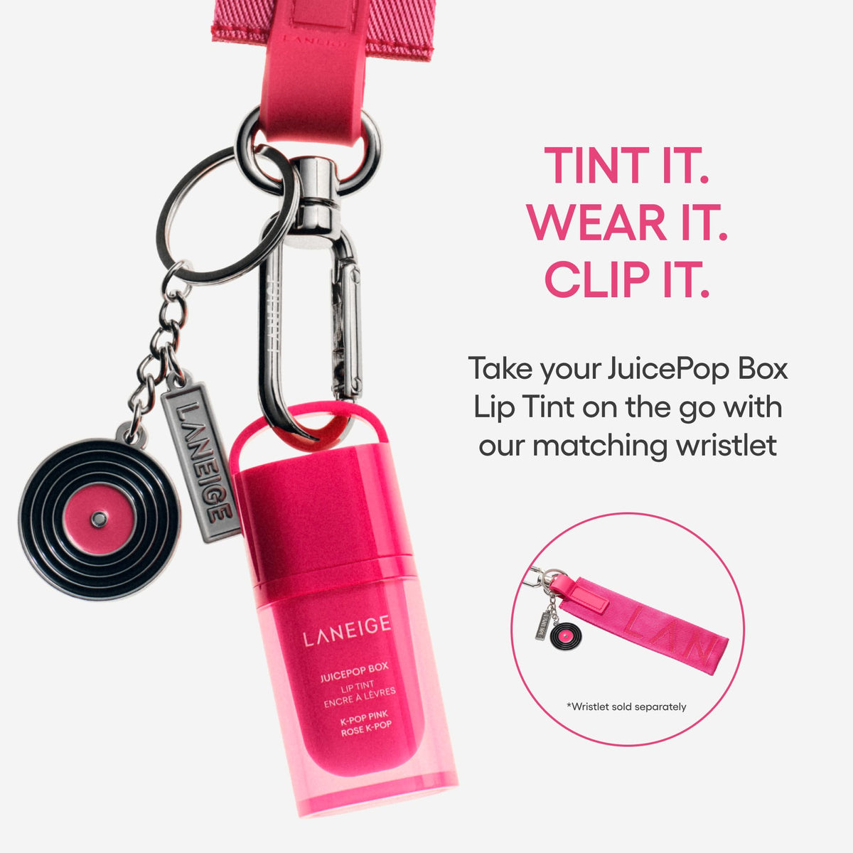 Laneige JuicePop Box wristlet shows two music-inspired charms for style and function.