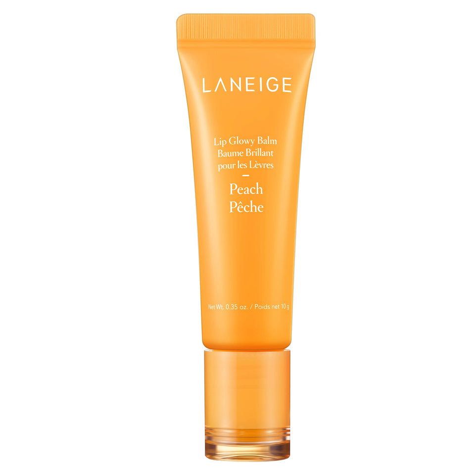 LANEIGE Lip Glowy Balm Peach packaging highlights portable design for on-the-go hydration.