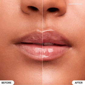 LANEIGE Lip Glowy Balm Peach swatch shows sheer peach tint and glossy shine.