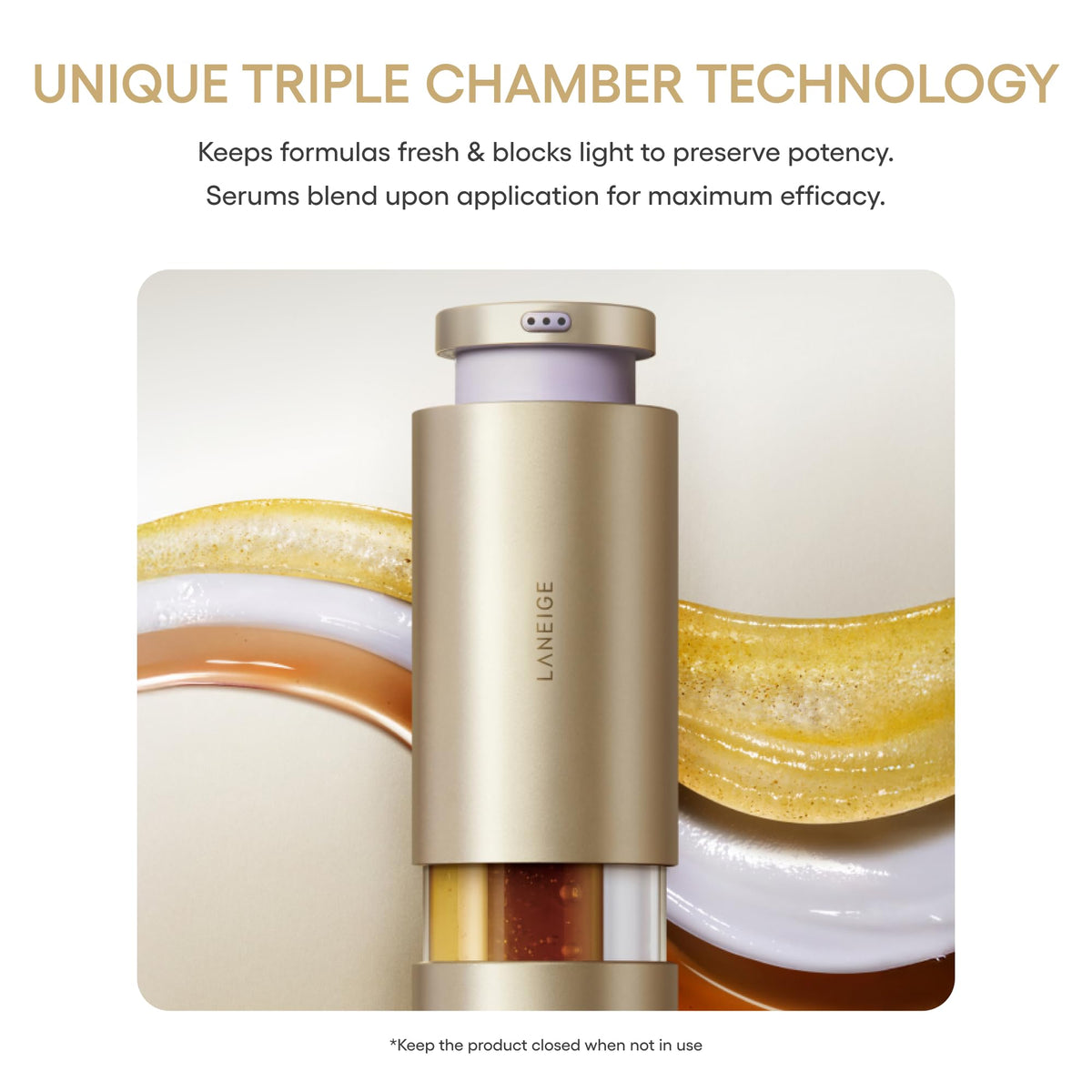 Close-up of three serums merging for multi-action antiaging care.