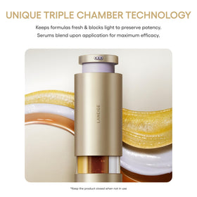 Close-up of three serums merging for multi-action antiaging care.