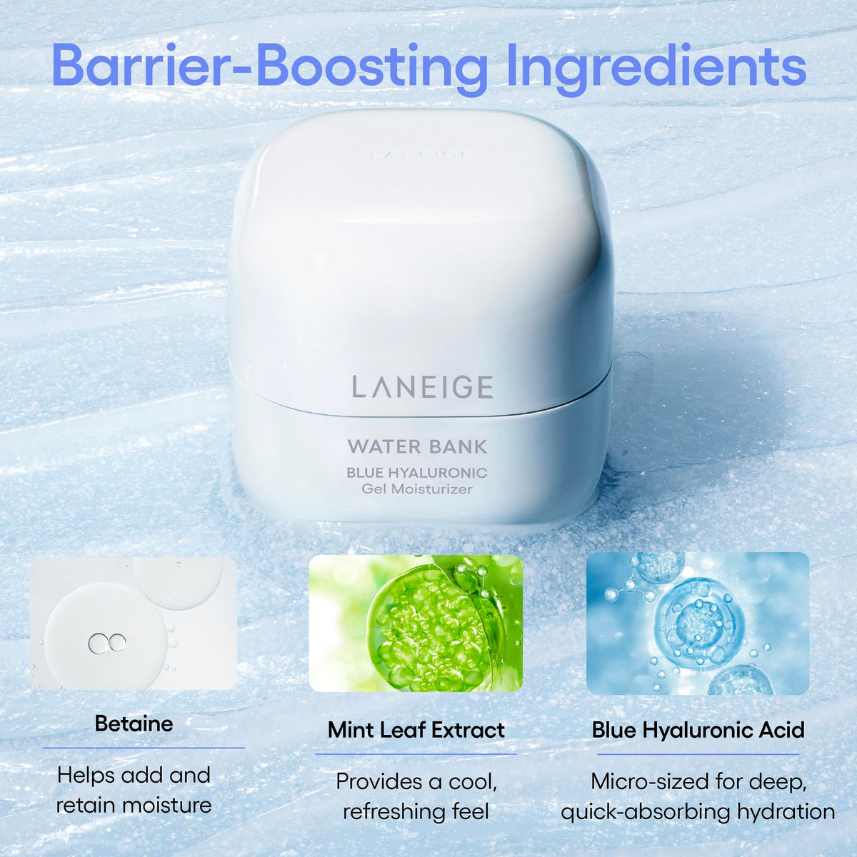 Laneige Water Bank Blue Hyaluronic Gel mini with mint extract for refreshing cooling.