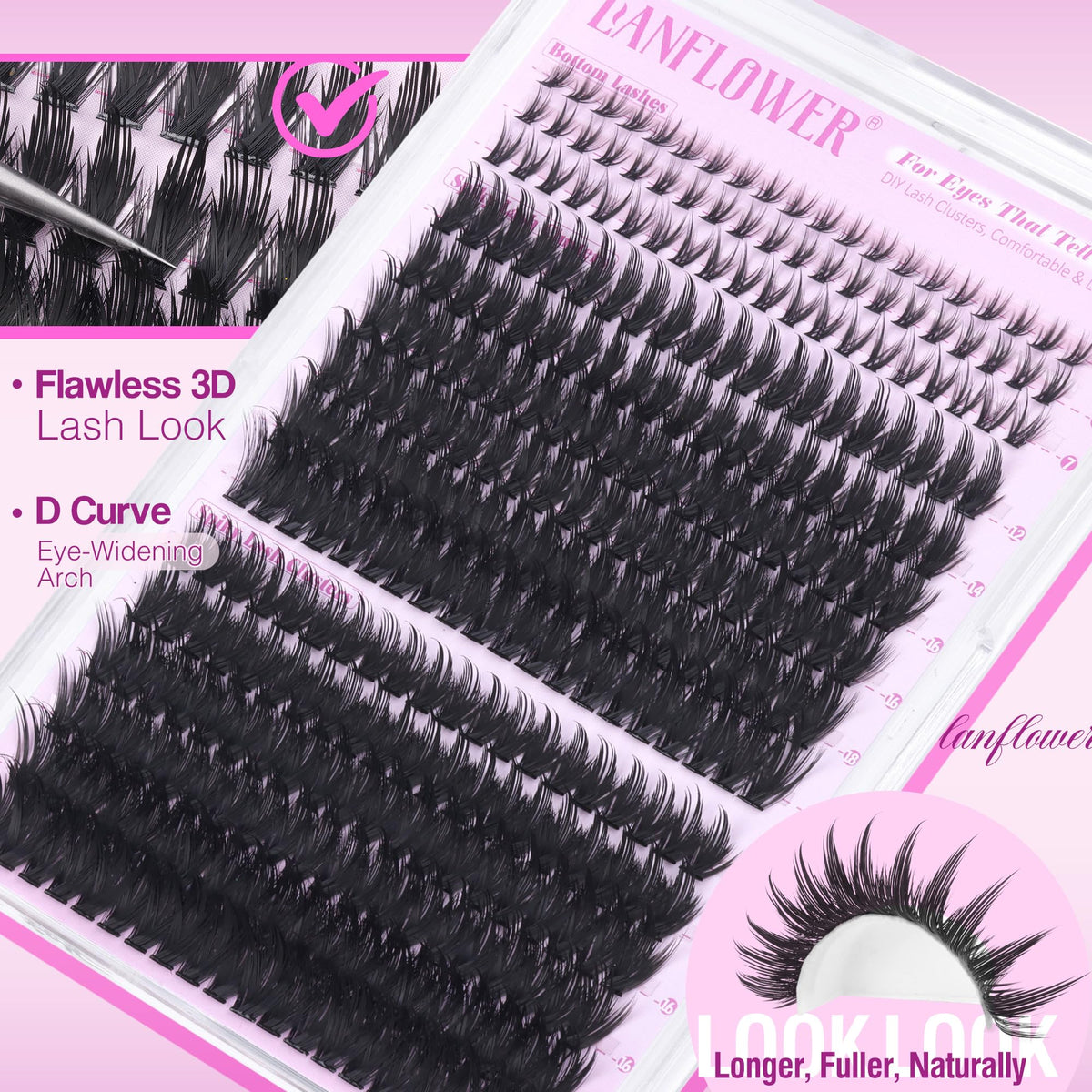 LANFLOWER Bottom Lashes in Kit create balanced fairy-eye depth and cohesion.