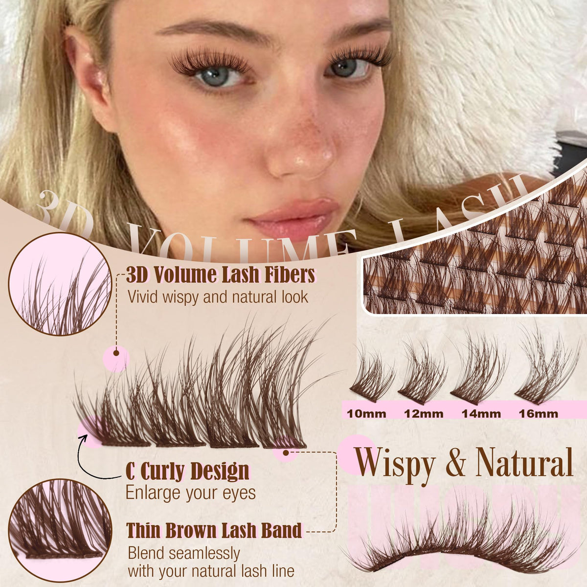 Lanflower brown lash clusters 10-16mm lengths for customizable volume.