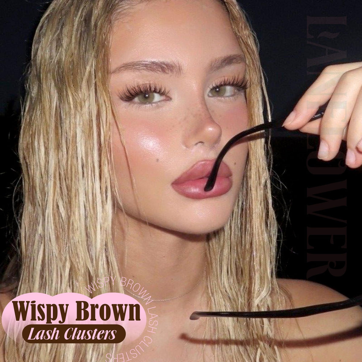 Lanflower brown lash clusters close-up showing wispy, natural-looking lashes.