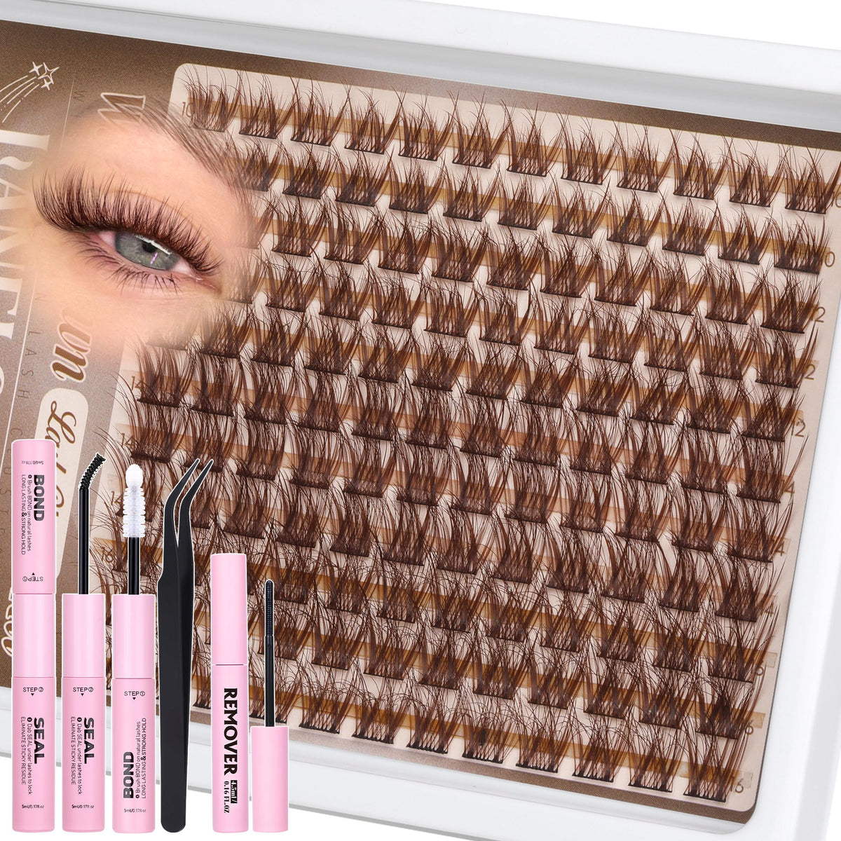 Lanflower Brown Lash Clusters Kit packaging with tools for at-home lash enhancement.