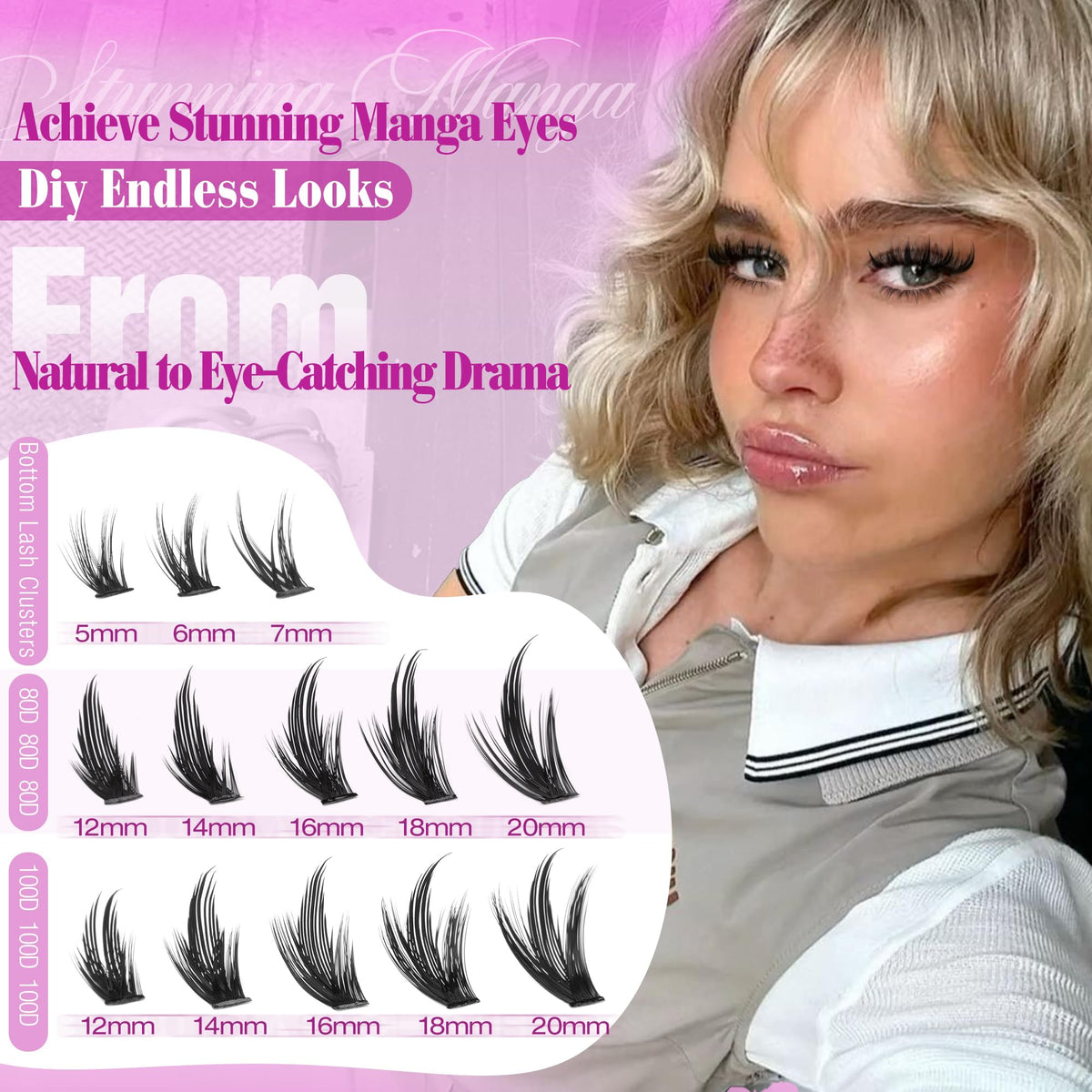 LANFLOWER D-Curve Cluster Lashes enhance eye opening for a bold look.