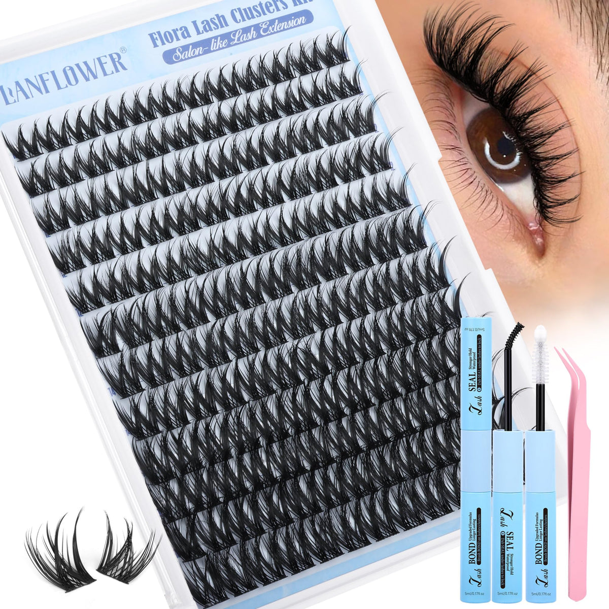 Lanflower Flora Lash Clusters Kit closeup showing natural-feel clusters for subtle daily enhancement.