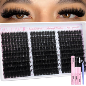 LANFLOWER Fluffy Lash Clusters Kit box shows 300 pieces for versatile looks.