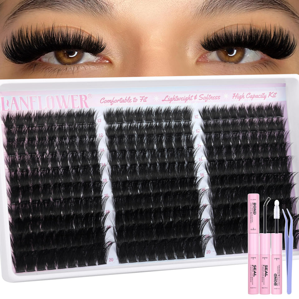 LANFLOWER Fluffy Lash Clusters Kit box shows 300 pieces for versatile looks.