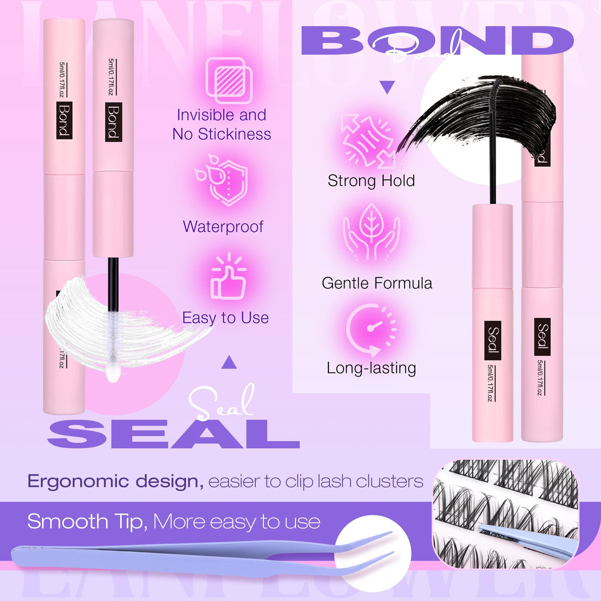 Lanflower Lash Bond and Seal bottles shown for secure, long-lasting finish.