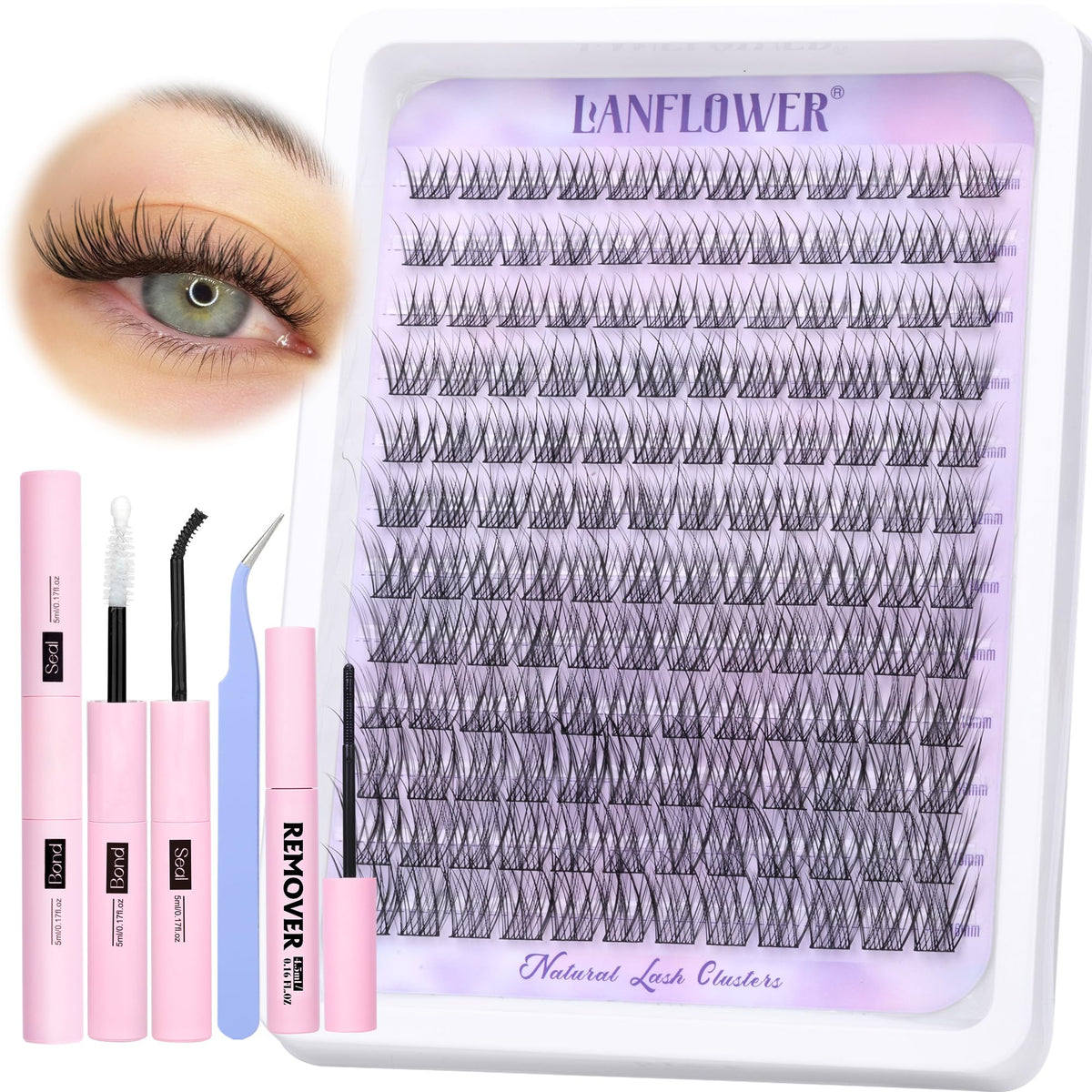 LANFLOWER lash-extension kit bond and seal for durable at-home lash adhesion.