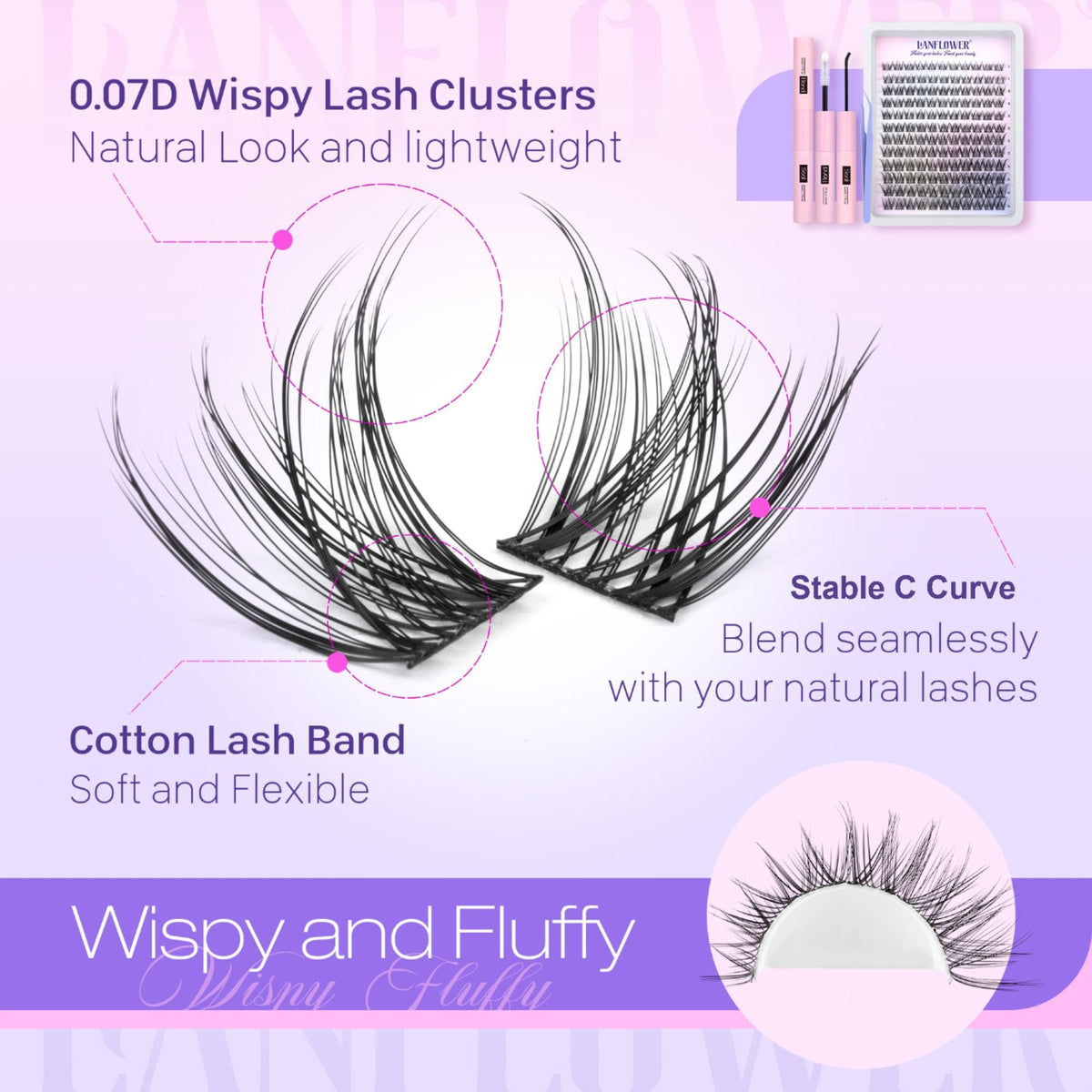 Lanflower Natural Look Lash Extensions Kit in open pack for subtle enhancement.