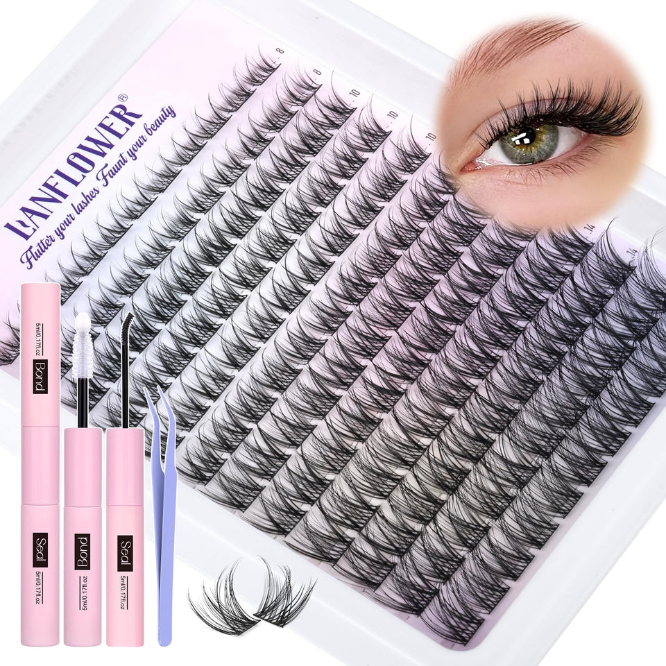 Lanflower Wispy Lash Clusters Kit closeup, showcasing natural blend for daily elegance.