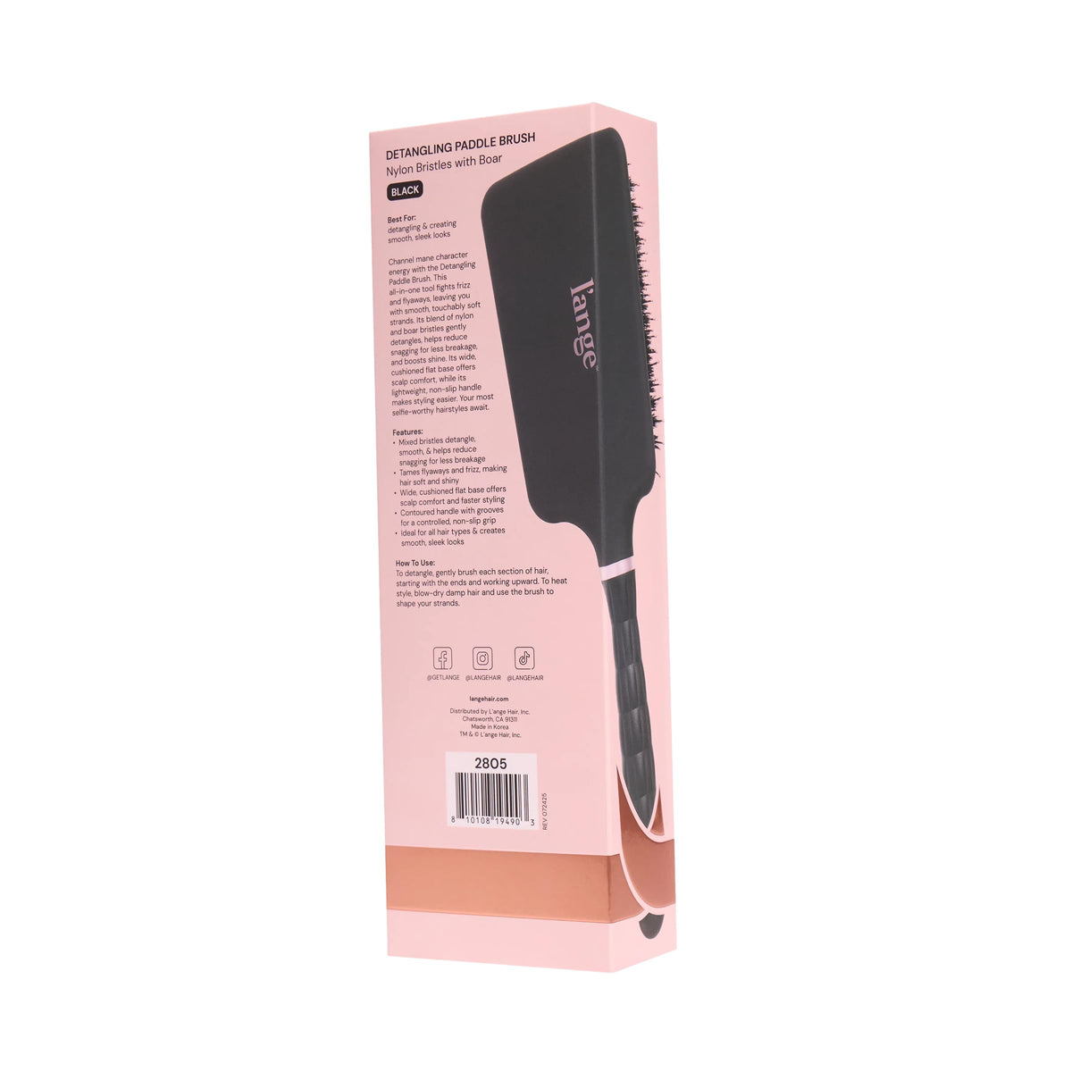 L'ANGE HAIR Detangling Paddle Brush bristles evenly distribute oils for shine and frizz control