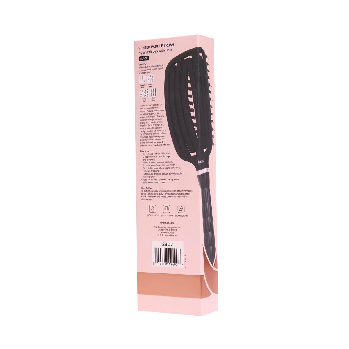 L'ANGE HAIR detangling paddle brush with boar bristles distributes oils for shine and frizz control.