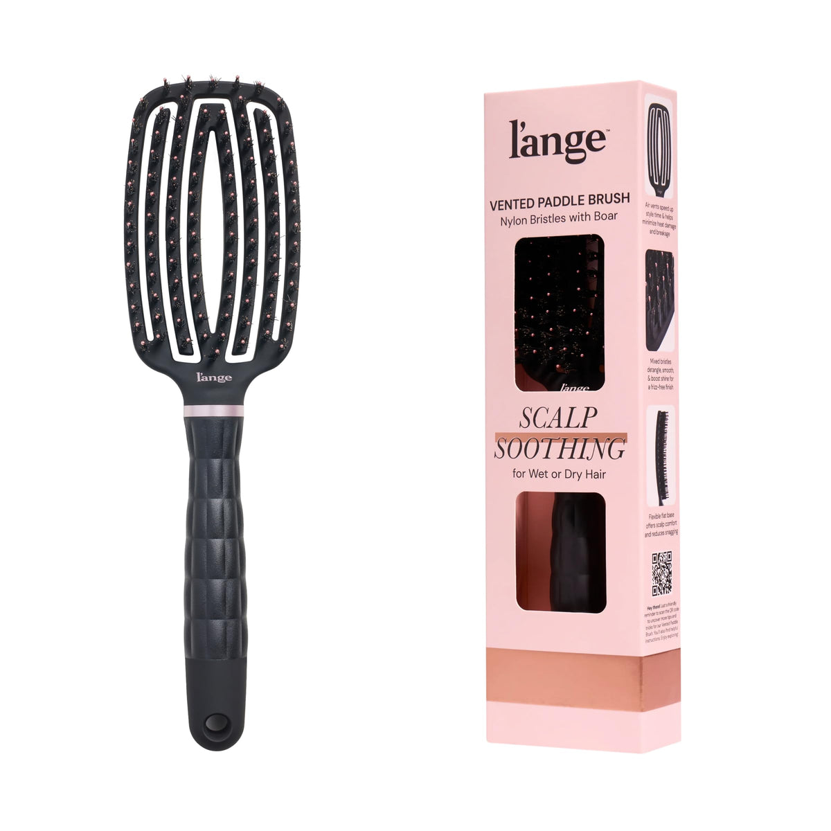 L'ANGE HAIR detangling paddle brush with nylon bristles for gentle detangling on wet or dry hair.
