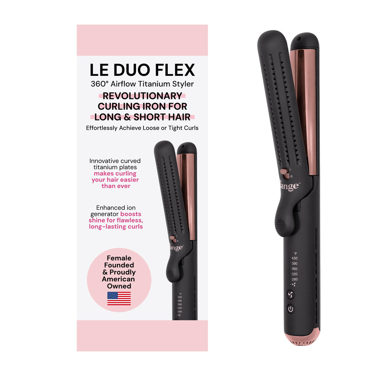 L'ANGE HAIR Le Duo Flex with curved titanium plates for smooth, crease-free curls.