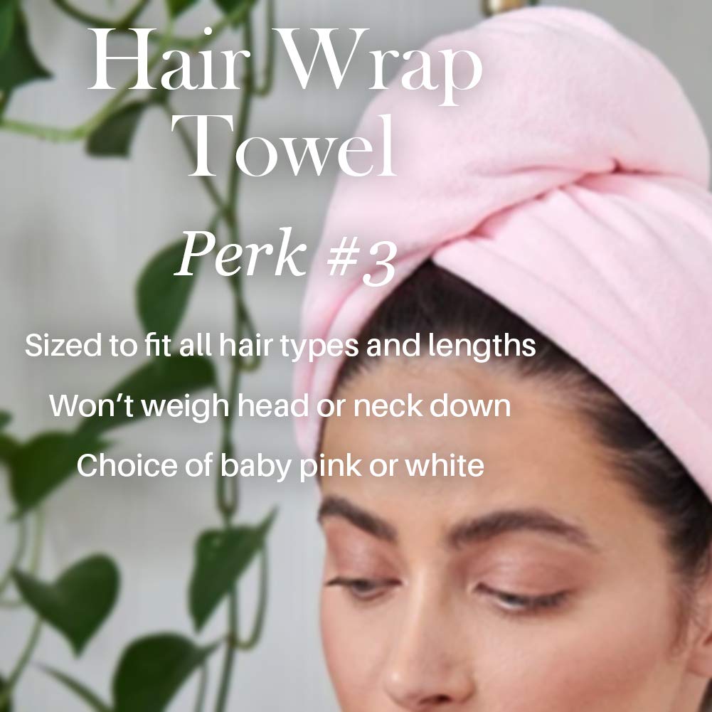 Lightweight wrap secured for hands-free drying during morning routine.