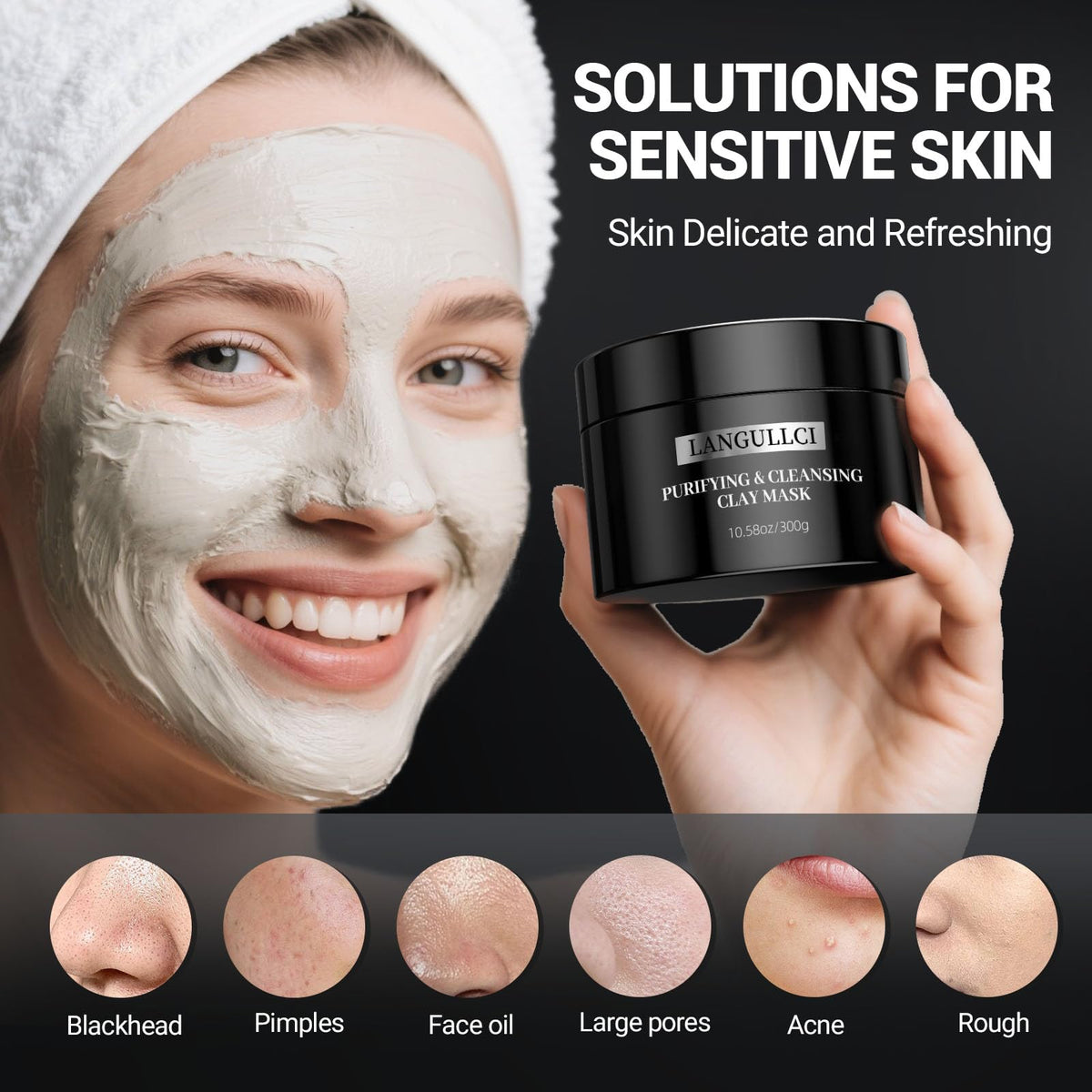 LANGULLCI mud mask applying stage shows smooth, matte finish for photo-ready skin