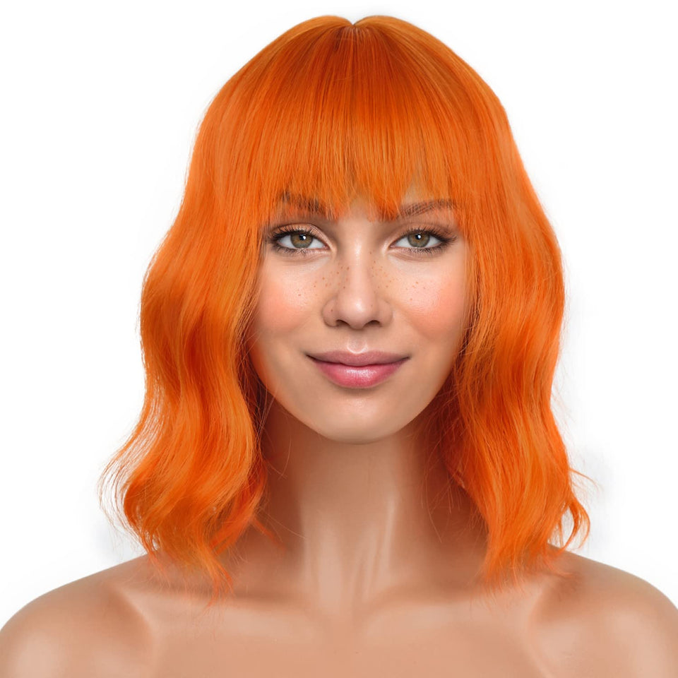 LANICE orange short bob wig front view, vibrant color and silky texture for cosplay.