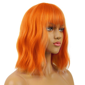 LANICE orange short bob wig side view, smooth waves for authentic look.