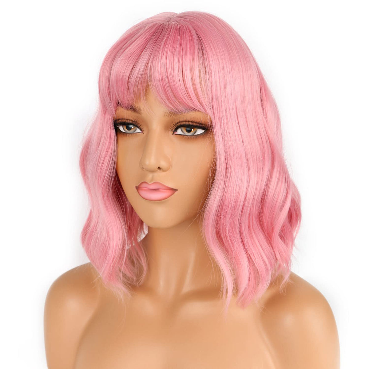 LANICE pink wig with bangs, back view, shows layered waves for a natural look