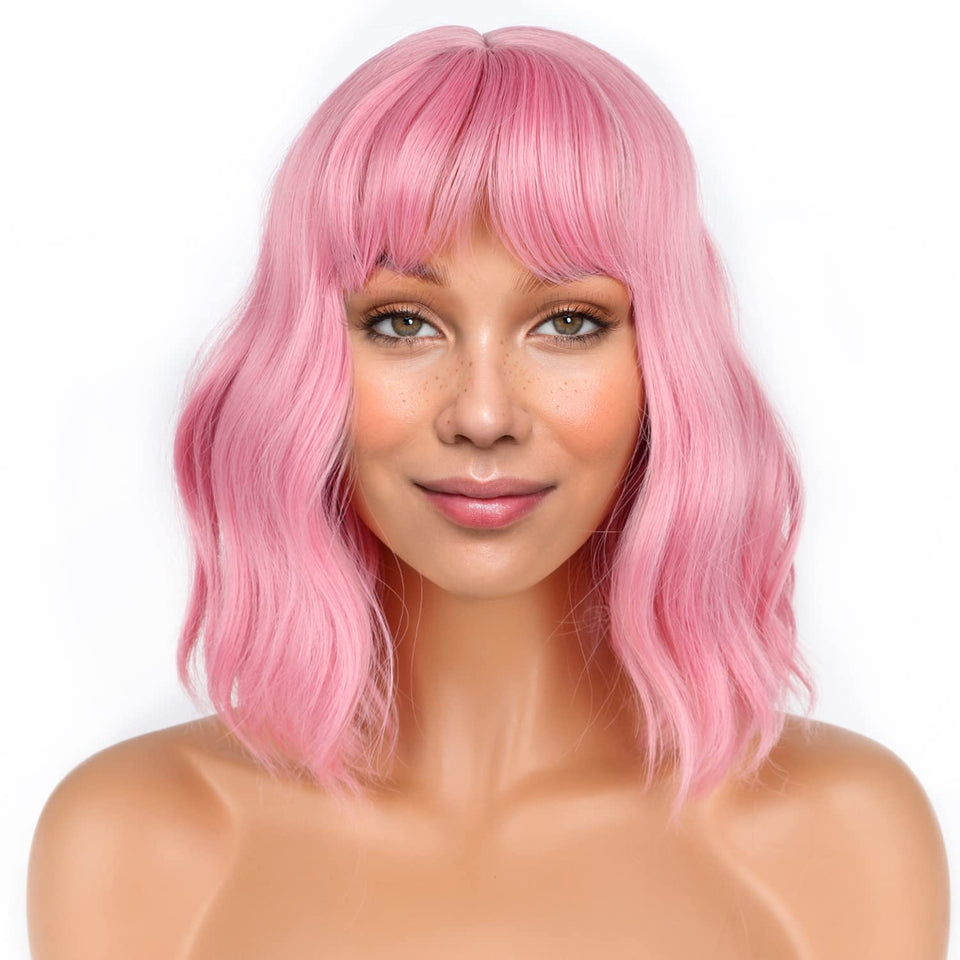 LANICE short bob pink wig with bangs, front view, smooth waves ideal for cosplay