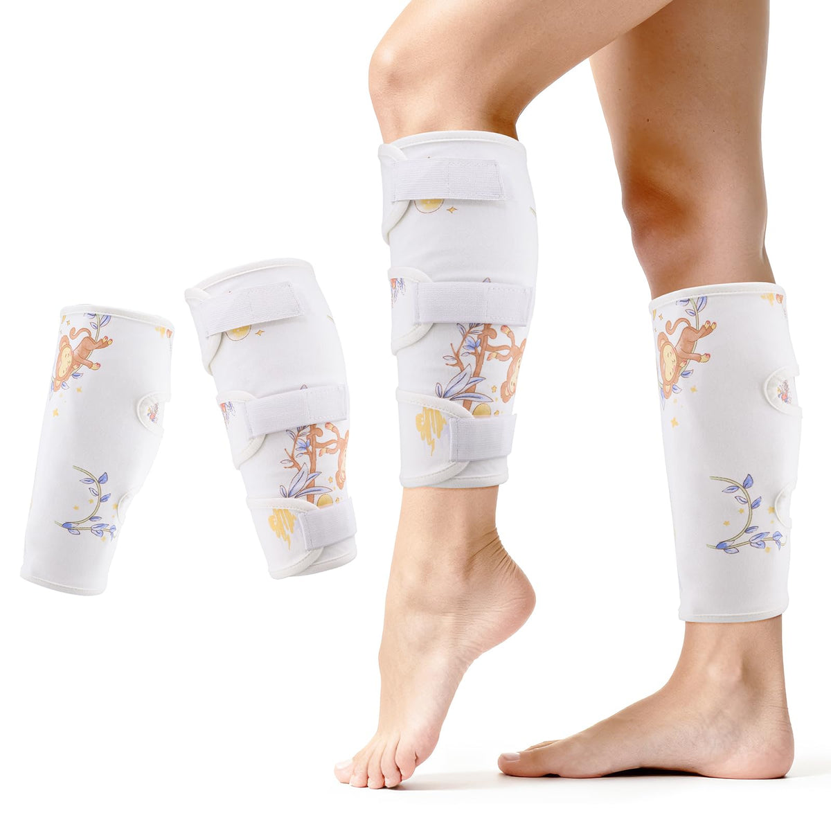 Lanje organic cotton moisturizing leg wraps on calf for overnight hydration.