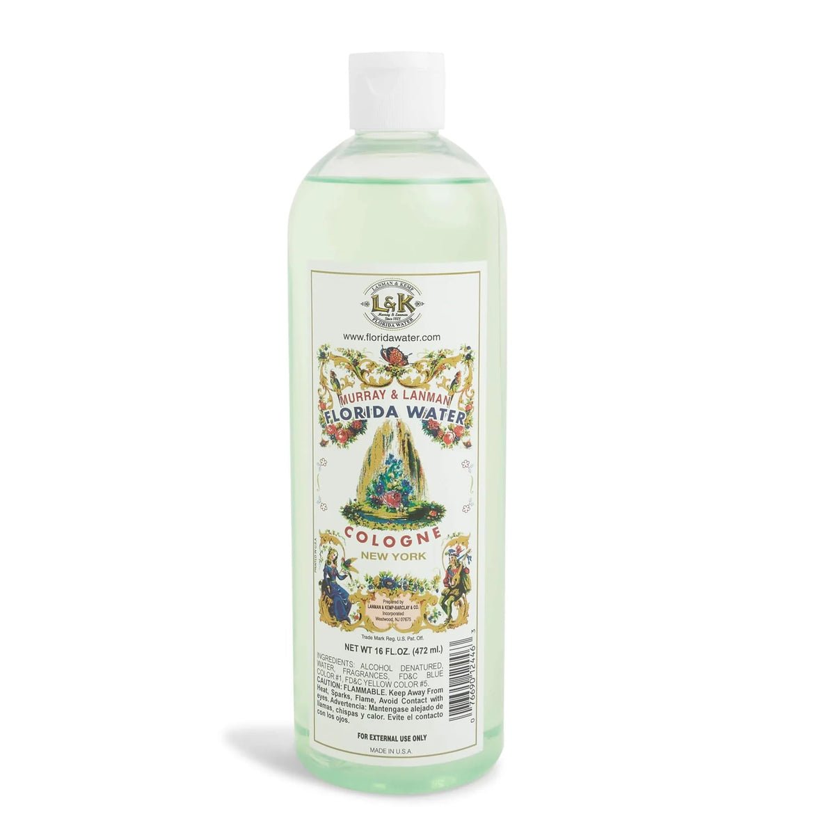 Close-up of Lanman & Kemp Florida Water bottle with classic label.