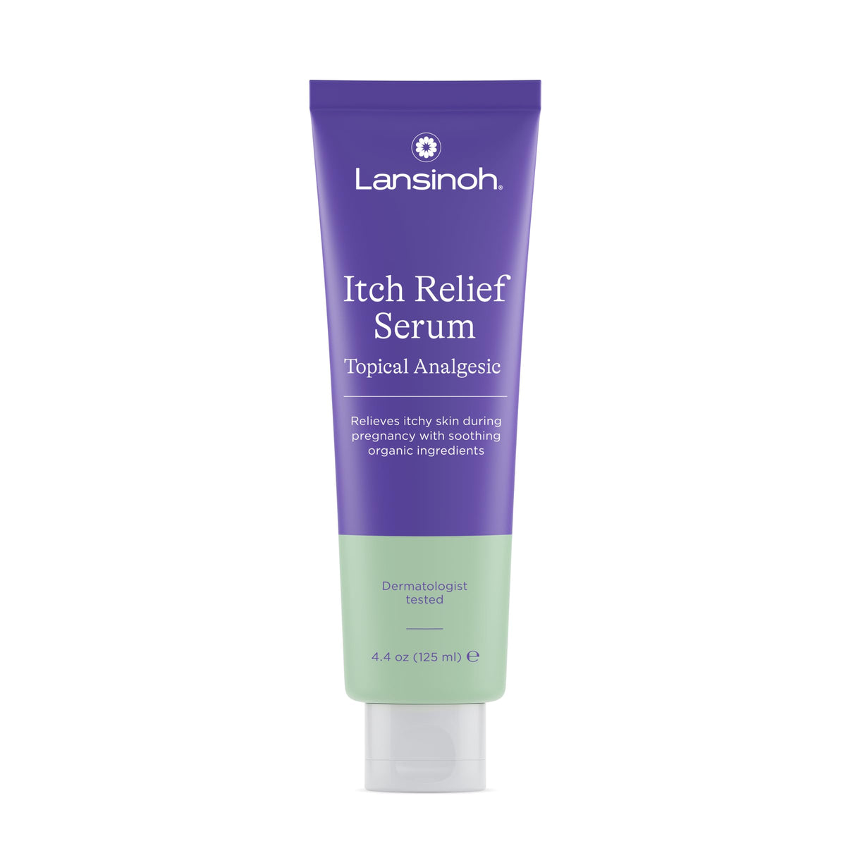 Lansinoh Itch Relief Serum bottle showing pregnancy-focused design for itch relief.