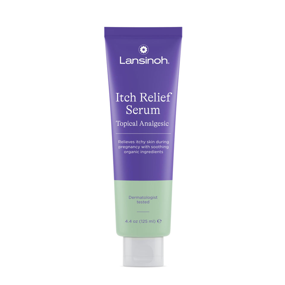 Lansinoh Itch Relief Serum bottle showing pregnancy-focused design for itch relief.