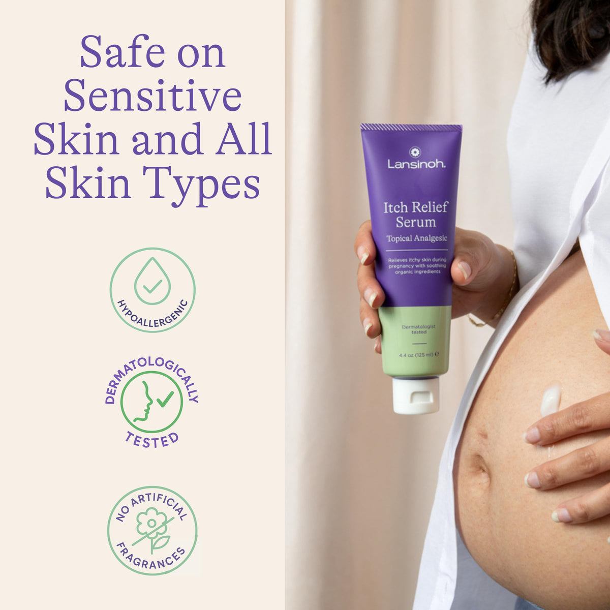 Lansinoh Itch Relief Serum cooling effect highlights instant relief on skin.