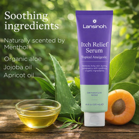Lansinoh Itch Relief Serum close-up with menthol for cooling sensation.